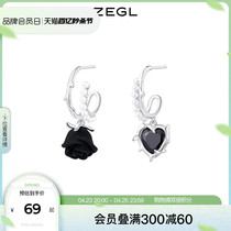 ZEGL黑色玫瑰花耳环女小众设计感高级耳钉耳夹无耳洞复古红色耳饰
