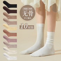 无骨袜子女秋冬中筒袜100%正品纯棉白色厚月子春秋季袜女士长筒袜