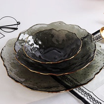 创意日式不规则锤纹玻璃盘金边手绘透明西餐盘水果盘子沙拉碗餐具