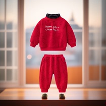 婴儿加绒半高领套装红色龙年过年服男童女宝宝唐装拜年小熊秋冬季