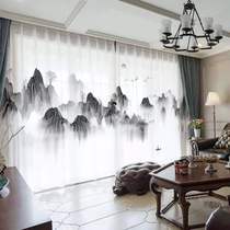 半遮光不透人纱帘数码印花窗纱古典中式中国风山水画3D水墨画窗帘
