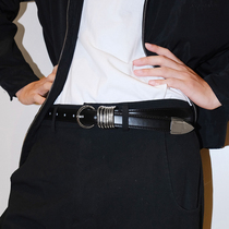 Darkblue银色金属圆环时髦中性腰带新款真皮简约个性黑色皮带
