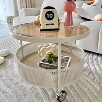 可移动茶几奶油风沙发边几小圆桌带轮创意客厅家用网红玻璃小茶几