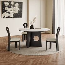 白色岩板餐桌法式复古风家用圆桌黑色白蜡木轻奢高端圆形实木餐桌