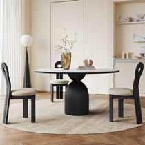 复古实木圆形餐桌轻奢高端小户型家用意式极简哑光白色岩板圆桌
