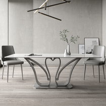 极简岩板餐桌轻奢现代简约高端设计师长方形白色亮光岩板餐桌椅子