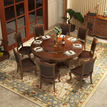 奥克维尔天然大理石圆桌家用美式带转盘欧式别墅全实木圆桌餐桌