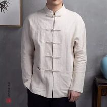 中国风夏季亚麻薄款盘扣衬衫新中式棉麻衬衣男士宽松长袖唐装上衣