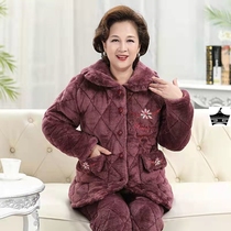 冬季中老年睡衣女珊瑚绒三层夹棉加厚加绒奶奶套装老人保暖家居服