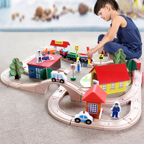 儿童列车蒸汽小火车轨道木制木质城市积木男孩益智百变玩具套装
