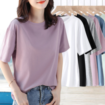 紫色短袖t恤女2024夏季新款宽松显瘦休闲圆领纯色纯棉上衣打底衫