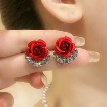 高级感红色玫瑰花耳钉耳环2023新款纯银针气质名媛耳饰