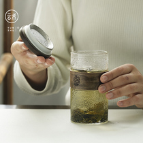 中式锤纹月牙绿茶杯办公室水杯玻璃过滤带盖泡茶杯茶水分离个人杯