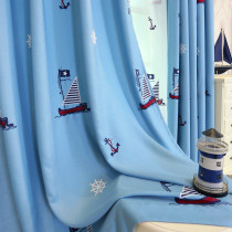 定制地中海蓝色帆船卡通窗帘棉麻刺绣花纱成品加厚遮光布料儿童房