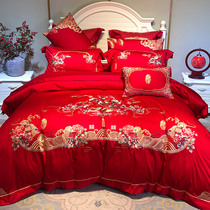 新中式婚庆100支贡缎全棉四件套古典鸳鸯刺绣被套大红色床上用品