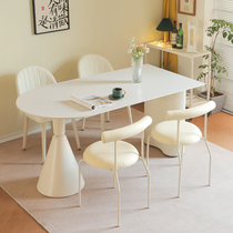 奶油风高端岛台餐厅桌子纯白色岩板餐桌轻奢罗马柱饭桌家用简约
