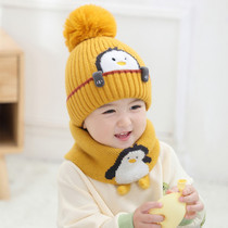 企鹅宝宝帽子围脖二件套秋冬季男女童针织毛线加绒保暖卡通婴儿帽