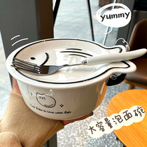 日式可爱陶瓷泡面碗ins简约猫鱼带盖汤碗大号饭碗学生宿舍拉面碗