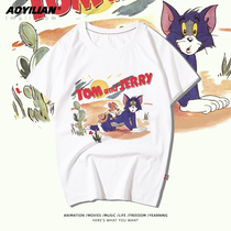 猫和老鼠欧美复古汤姆猫杰瑞鼠卡通情侣装t恤夏季宽松短袖潮牌男