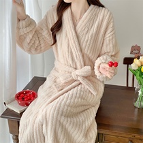 日本成人睡袍女款冬季加绒加厚保暖法兰绒睡衣加长款珊瑚绒家居服