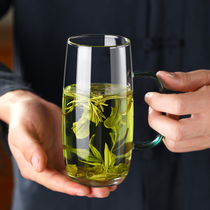 玻璃杯加厚耐热绿茶杯男士喝茶专用泡茶杯带把手办公室喝水杯子