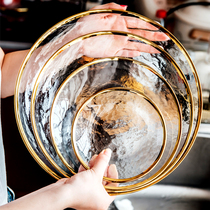 北欧金边水果盘子轻奢餐具创意套装玻璃盘家用沙拉碗汤碗餐盘碟子