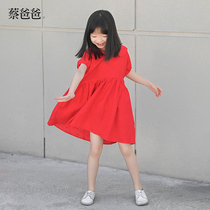 蔡爸爸童装第700个童话夏季公主裙纯亚麻连衣裙大红裙子女童裙子