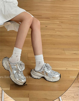 2024韩版时尚真皮蕾丝拼接系带包头厚底半拖鞋休闲运动球鞋老爹鞋