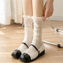 白色中筒袜女夏季薄款蝴蝶结蕾丝花边堆堆袜子日系白丝袜JK小腿袜