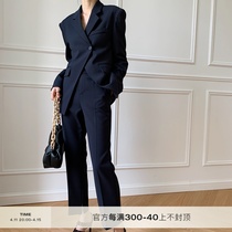 Lang Y秋季设计感小众单扣收腰时尚气质西装外套直筒九分裤套装女