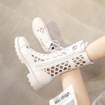 白色真皮马丁靴女夏季薄款2024年新款短靴网纱透气配裙子女靴中筒