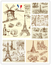 矢量设计素材 复古巴黎元素线稿铁塔葡萄酒圣母院 EPS格式文件 6P