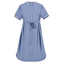 罗马假日撞色立领100%棉连衣裙女士中长款休闲蓝色短袖衬衫裙S080