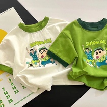 2024新款韩版童装绿色白色时髦洋气纯棉T恤短袖卡通印花潮