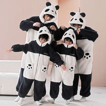 熊猫亲子连体睡衣一家三口装珊瑚绒男童哈衣法兰绒四口儿童家居服