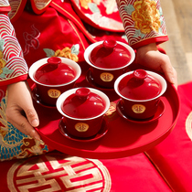 结婚敬茶杯喜碗女方陪嫁用品大全红色改口一对盖碗茶具对碗筷套装