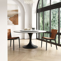 意式极简岩板圆形餐桌椅组合转盘现代简约白色饭桌家用轻奢圆桌