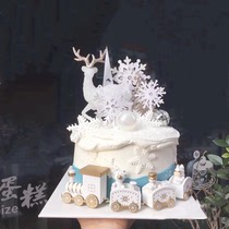 烘焙蛋糕装饰水晶鹿圣诞麋鹿白色小鹿雪花火车圣诞节摆件插牌插件