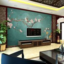 3d新中式电视背景墙壁纸梅花古风大气壁布客厅影视墙壁画墙布花鸟