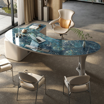 高端奢石岩板轻奢电脑桌现代老板总裁经理桌创意弧形书桌办公室