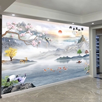 电视背景墙壁纸新款中式花鸟山水现代简约影视墙壁布墙纸客厅壁画