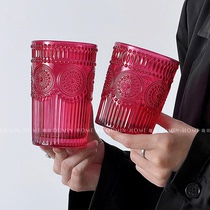 趣皿 家用红色太阳花玻璃水杯简约ins风刻花牛奶果汁高级感茶杯子