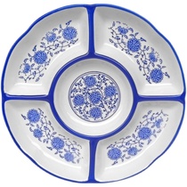 青花瓷分格餐盘中式多格菜盘圆形分隔拼盘商用一体创意陶瓷五果盘
