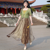 新中式女装夏季吊带V领开衫短袖国风古典改良拼色半身裙日常套装