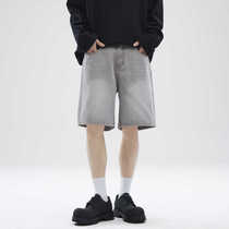 美式复古水泥灰色牛仔短裤男款夏季薄款潮牌高街直筒宽松五分中裤
