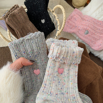 点子纱羊毛袜子女秋冬季加厚加绒保暖日系爱心中筒袜冬天长堆堆袜