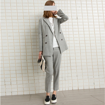 UONE定制2019年春季新款灰色羊毛西服套装女职业休闲九分裤两件套