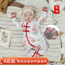 婴儿连体衣夏季薄款纯棉男宝宝长袖爬服中国风外出服简约哈衣睡衣