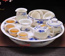 手工雕空蜂巢陶瓷茶具套装水晶玲珑镂空青花茶具大盘茶壶盖碗茶杯