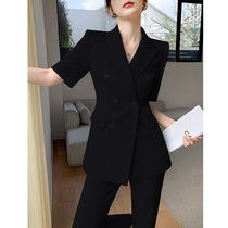 黑色夏天西装套装女2024新款高级感小个子薄款短袖阔腿裤休闲西服